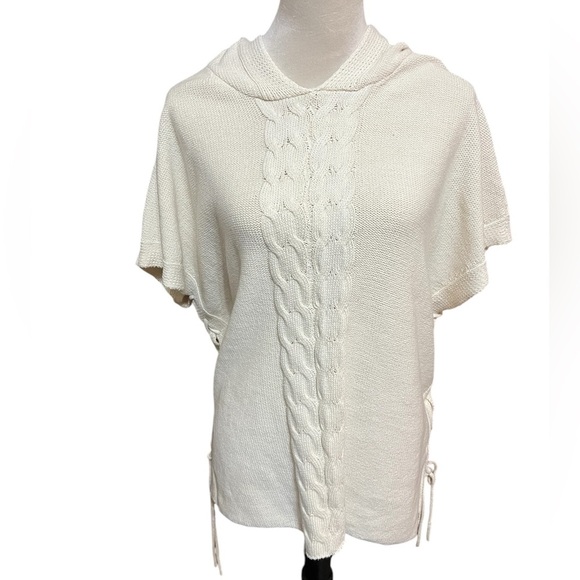 Pure Knit Women's White Cotton Hoodie Short Sleeve Sweater w Tied Sides Sz S - Picture 1 of 4